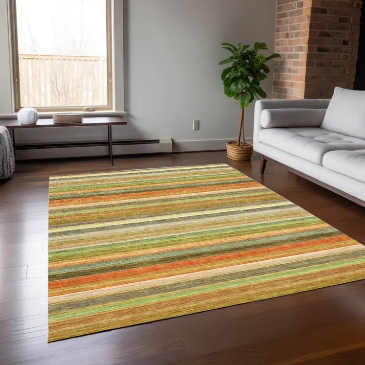 9' X 12' Artichoke Green Striped Washable Non Skid Indoor Outdoor Area Rug