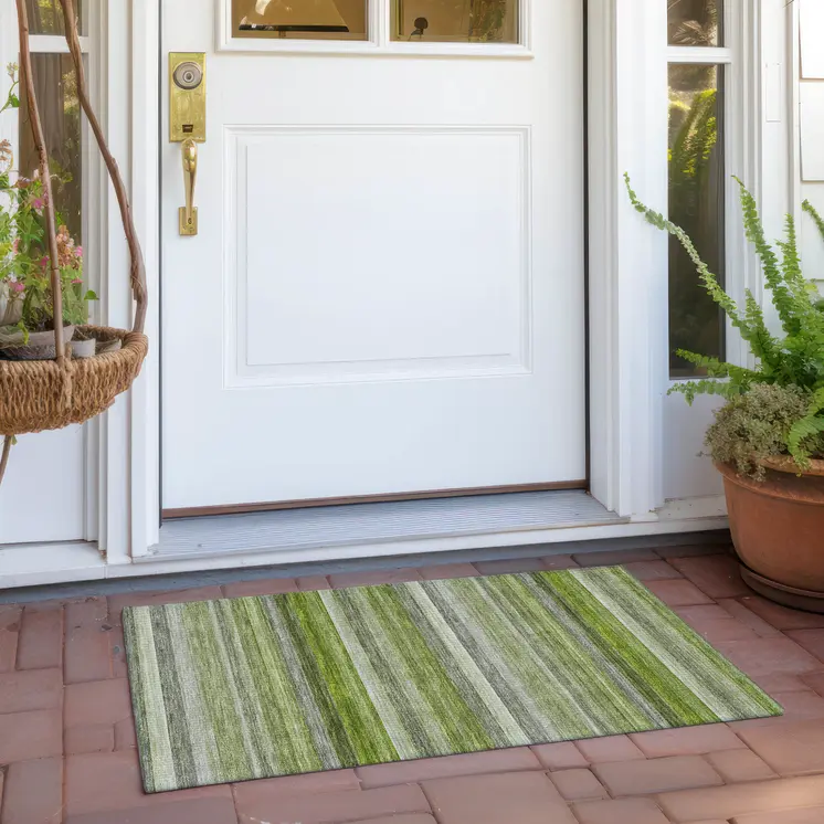 2' X 3' Fern Green Striped Washable Non Skid Indoor Outdoor Area Rug