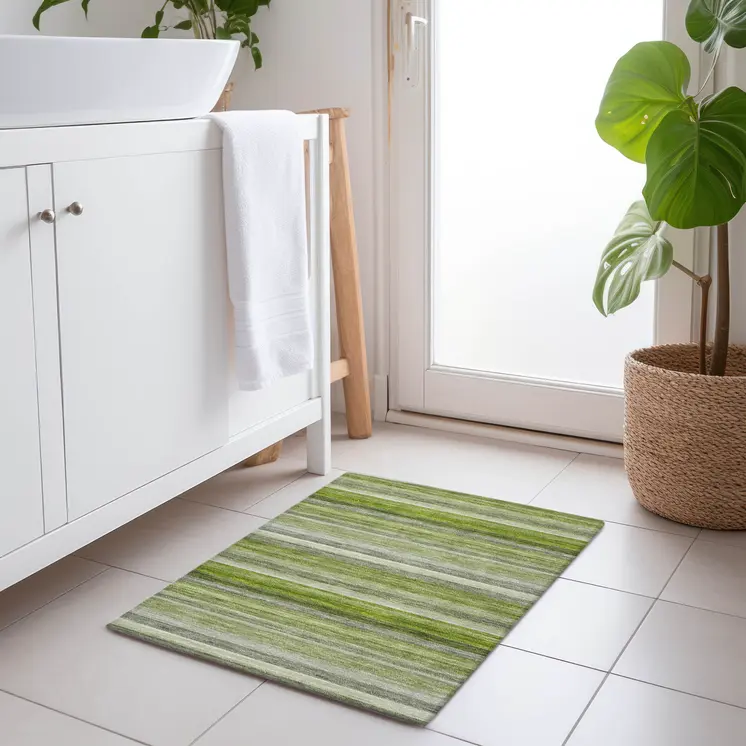 2' X 3' Fern Green Striped Washable Non Skid Indoor Outdoor Area Rug