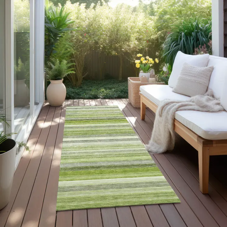 2' X 8' Fern Green Striped Washable Non Skid Indoor Outdoor Runner Rug