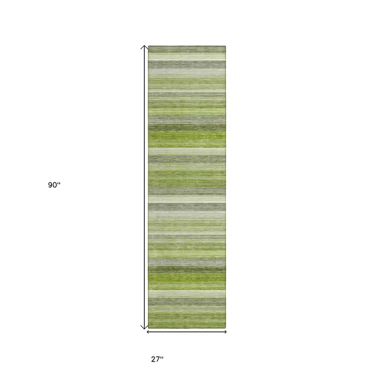 2' X 8' Fern Green Striped Washable Non Skid Indoor Outdoor Runner Rug