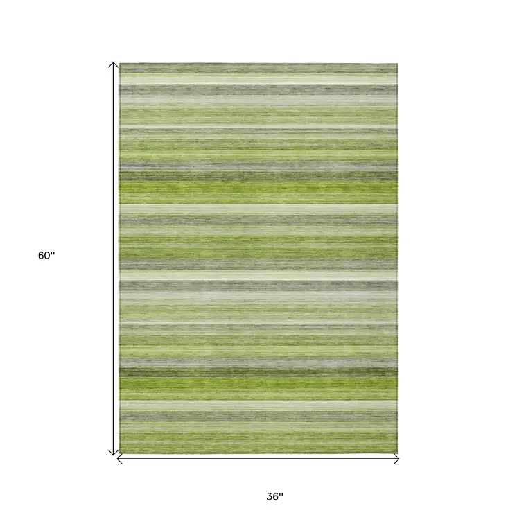 3' X 5' Fern Green Striped Washable Non Skid Indoor Outdoor Area Rug