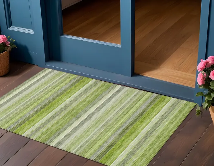 3' X 5' Fern Green Striped Washable Non Skid Indoor Outdoor Area Rug