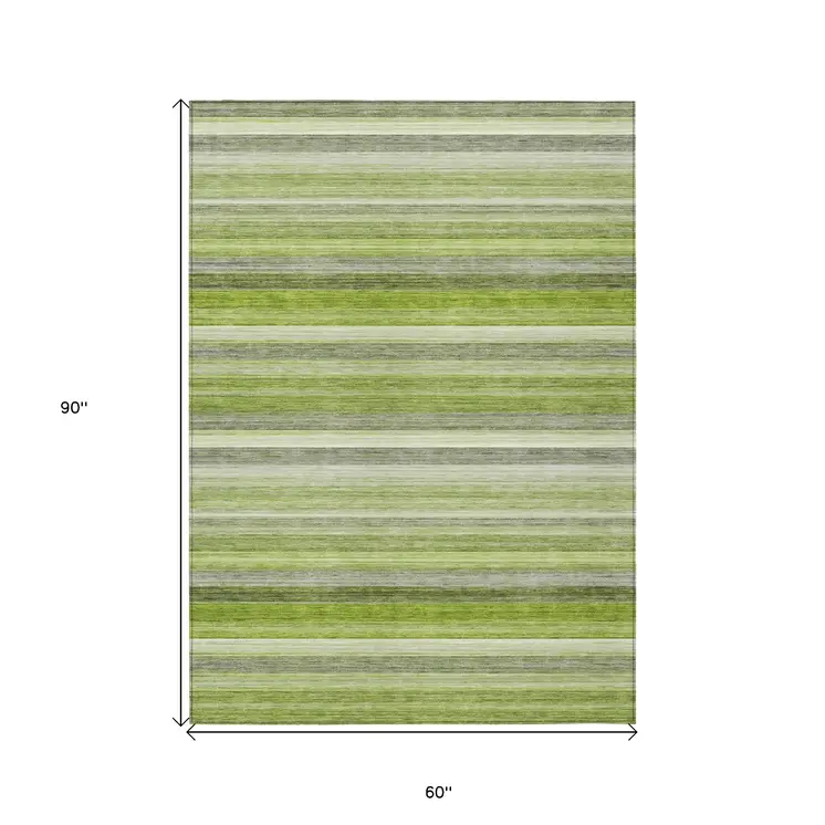 5' X 8' Fern Green Striped Washable Non Skid Indoor Outdoor Area Rug