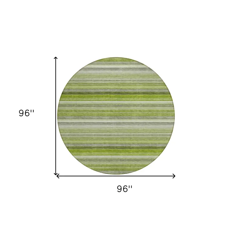 8' Round Fern Green Round Striped Washable Non Skid Indoor Outdoor Area Rug