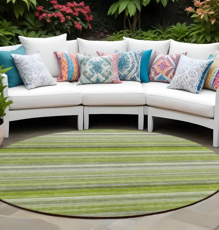 8' Round Fern Green Round Striped Washable Non Skid Indoor Outdoor Area Rug