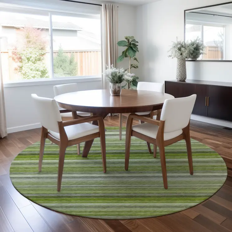 8' Round Fern Green Round Striped Washable Non Skid Indoor Outdoor Area Rug
