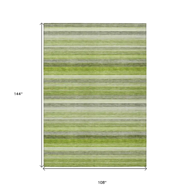 9' X 12' Fern Green Striped Washable Non Skid Indoor Outdoor Area Rug
