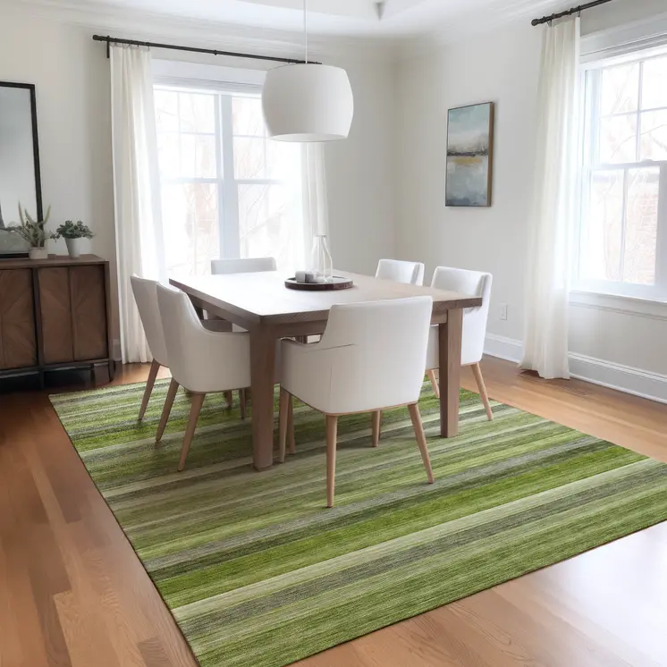 10' X 14' Fern Green Striped Washable Non Skid Indoor Outdoor Area Rug