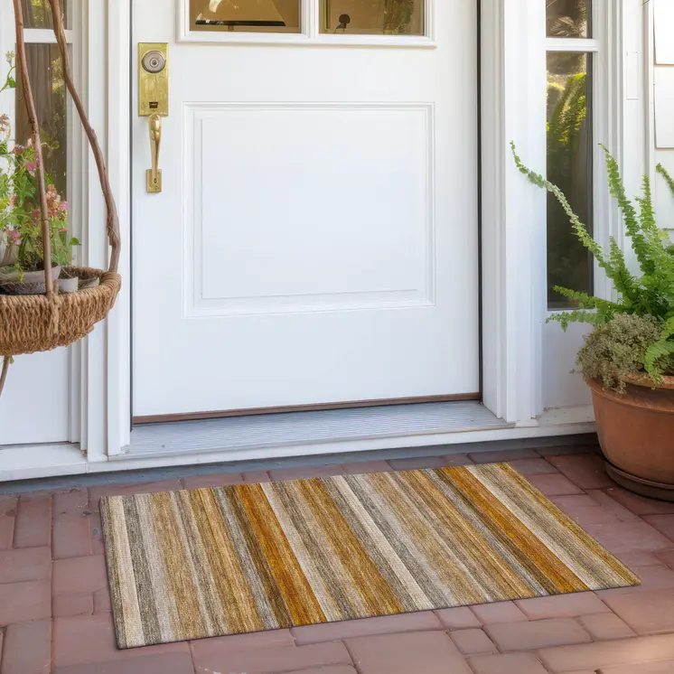 2' X 3' Brown and Orange Striped Washable Non Skid Indoor Outdoor Area Rug