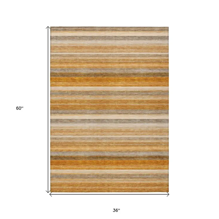 3' X 5' Brown And Orange Striped Washable Indoor Outdoor Area Rug