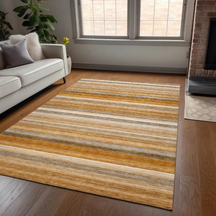 3' X 5' Brown And Orange Striped Washable Indoor Outdoor Area Rug