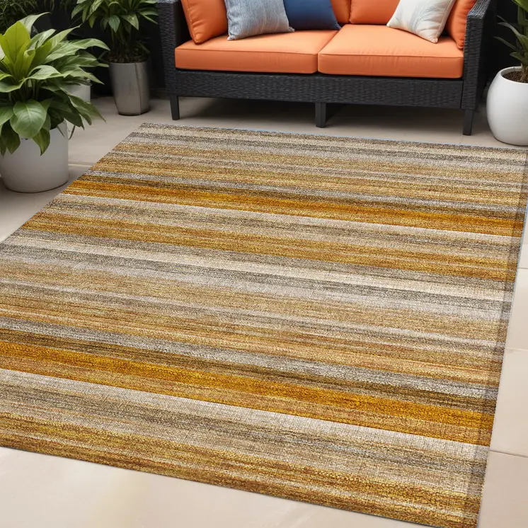 5' X 8' Brown and Orange Striped Washable Non Skid Indoor Outdoor Area Rug