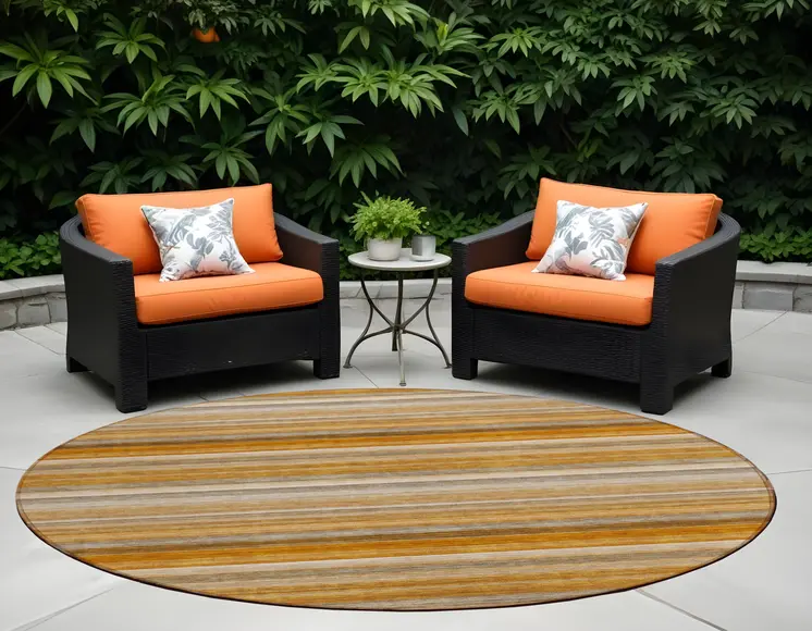 8' Round Brown and Orange Round Striped Washable Non Skid Indoor Outdoor Area Rug