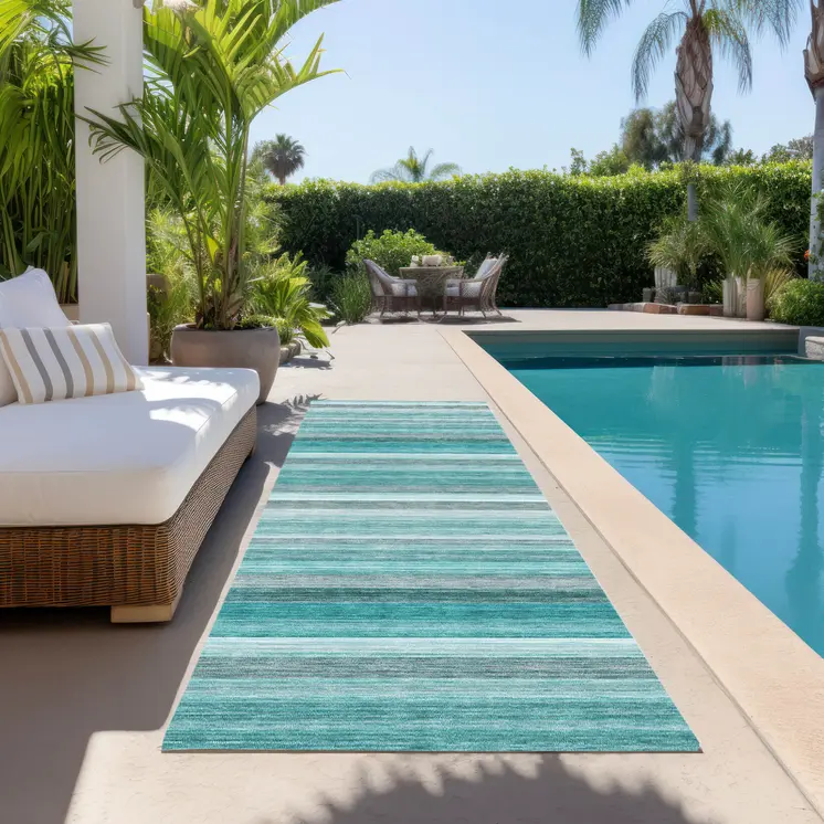 2' X 8' Teal Striped Washable Non Skid Indoor Outdoor Runner Rug