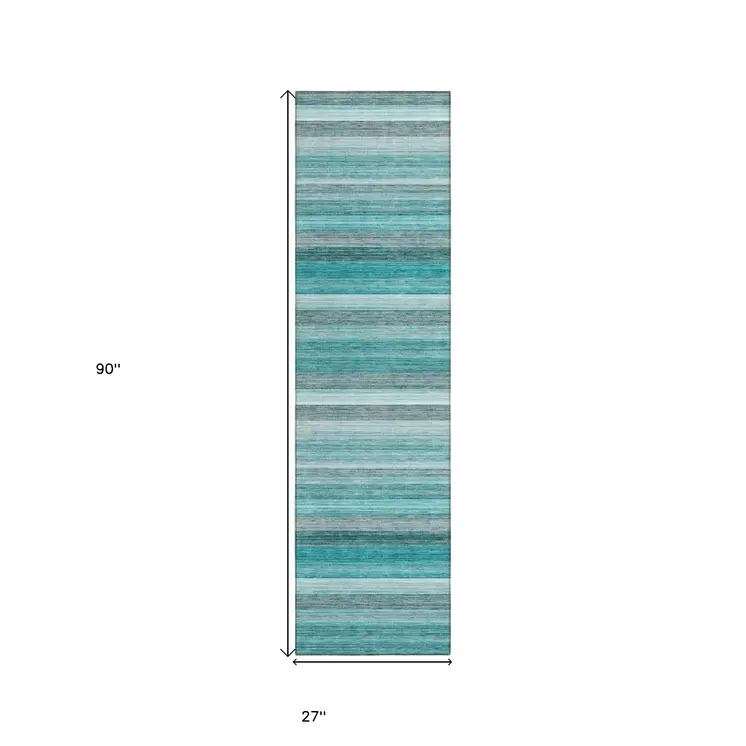 2' X 8' Teal Striped Washable Non Skid Indoor Outdoor Runner Rug