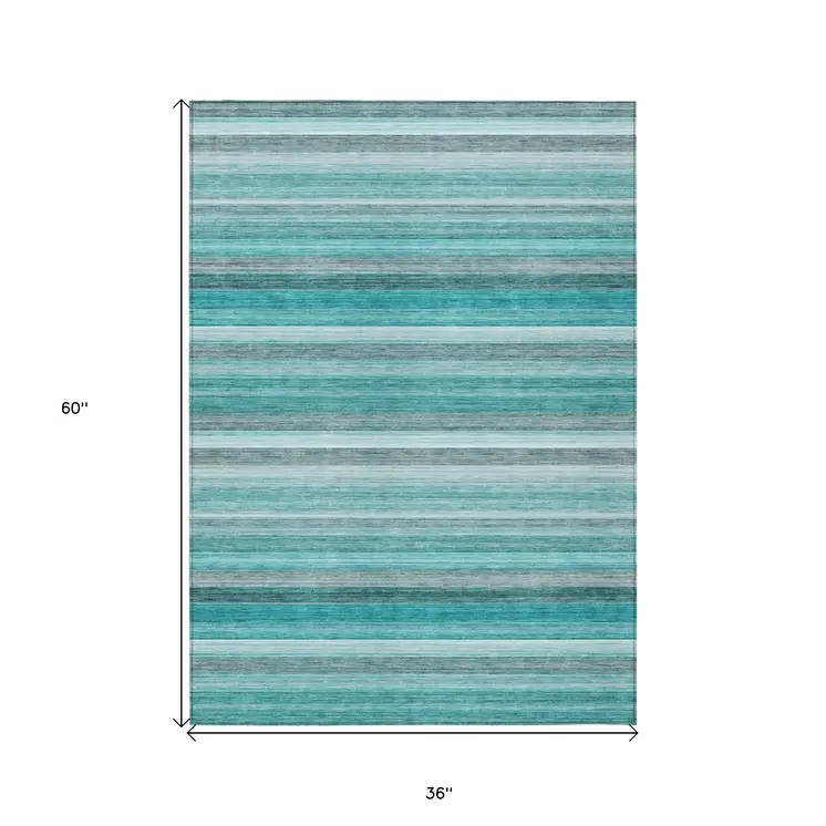 3' X 5' Teal Striped Washable Non Skid Indoor Outdoor Area Rug