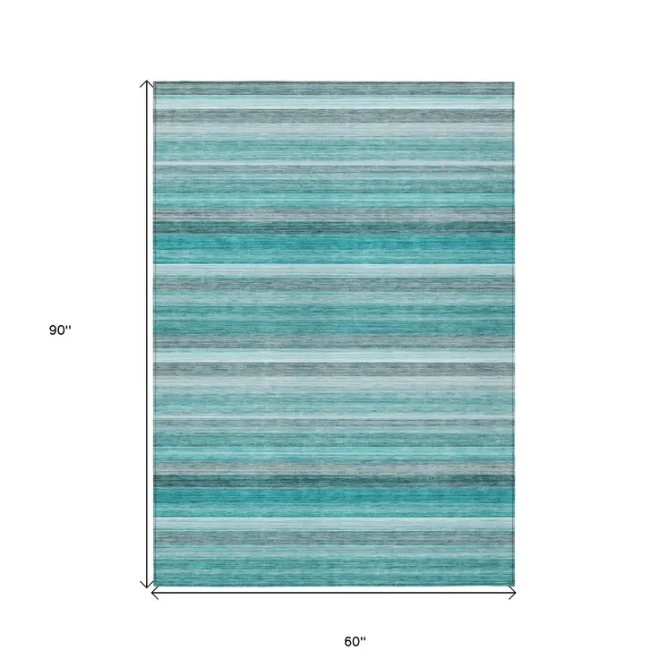 5' X 8' Teal Striped Washable Non Skid Indoor Outdoor Area Rug