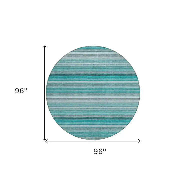 8' Round Teal Round Striped Washable Non Skid Indoor Outdoor Area Rug