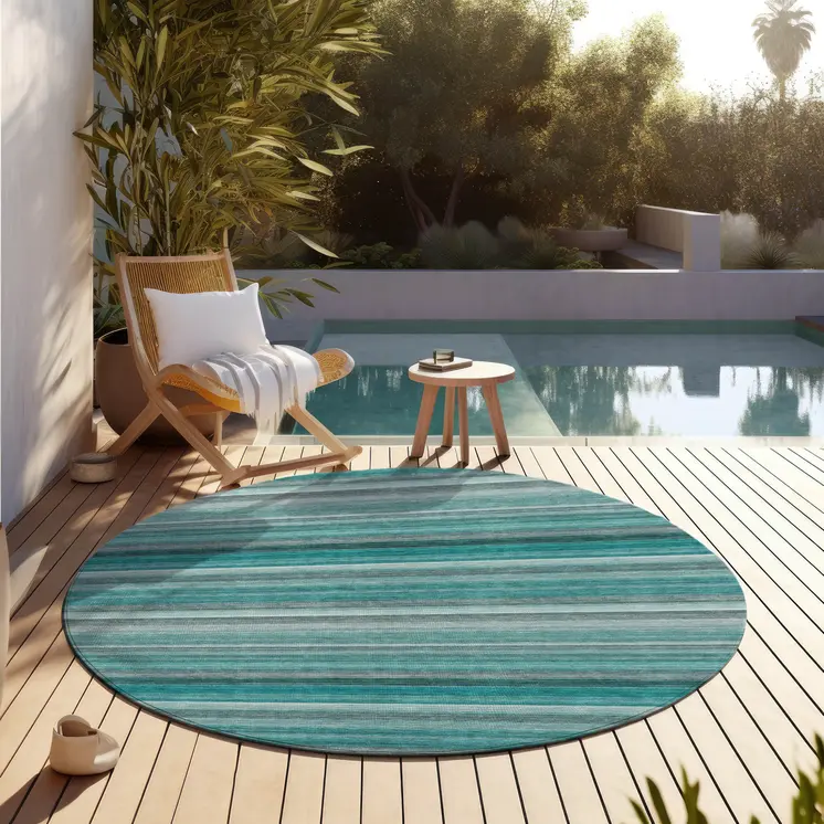 8' Round Teal Round Striped Washable Non Skid Indoor Outdoor Area Rug