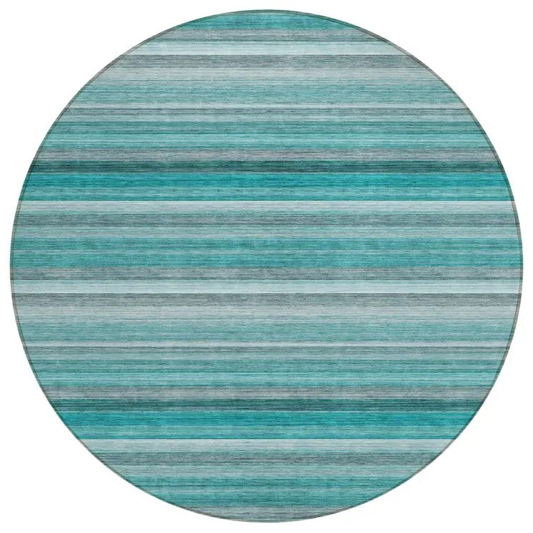 8' Round Teal Round Striped Washable Non Skid Indoor Outdoor Area Rug