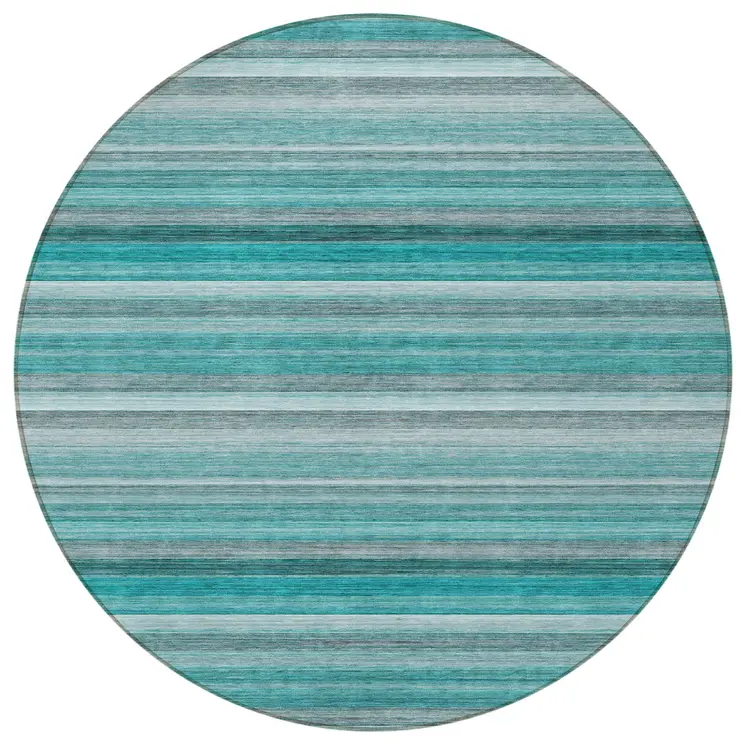 8' Round Teal Round Striped Washable Non Skid Indoor Outdoor Area Rug