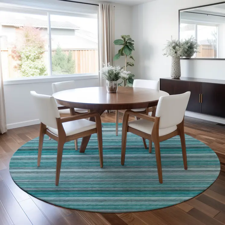 8' Round Teal Round Striped Washable Non Skid Indoor Outdoor Area Rug
