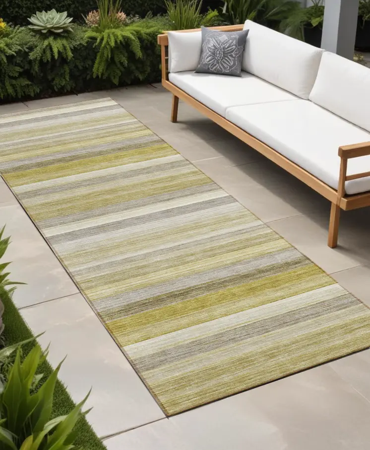 2' X 8' Yellow Beige and Gray Striped Washable Non Skid Indoor Outdoor Area Rug
