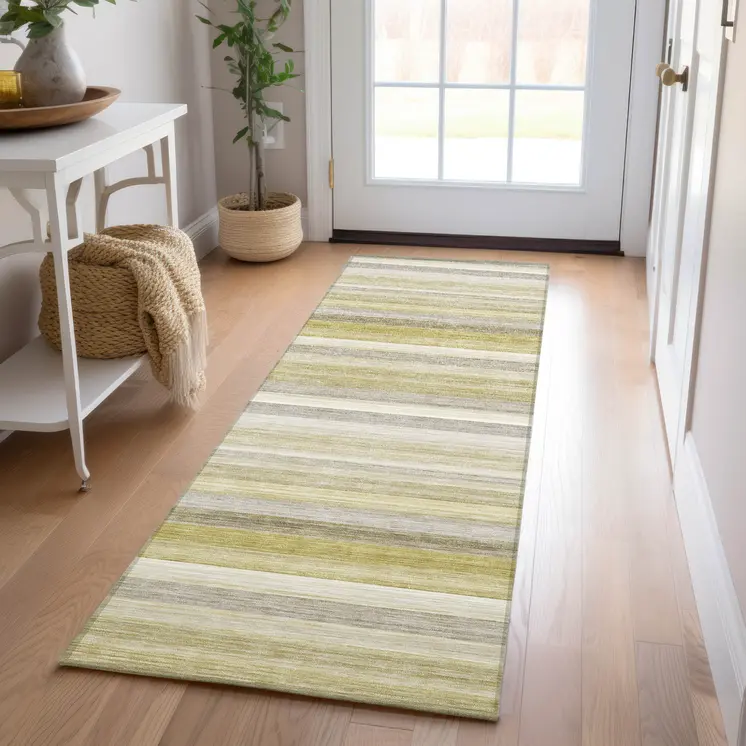2' X 8' Yellow Beige and Gray Striped Washable Non Skid Indoor Outdoor Area Rug