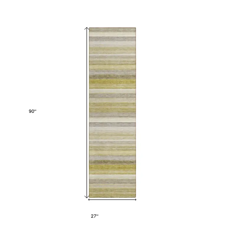 2' X 8' Yellow Beige and Gray Striped Washable Non Skid Indoor Outdoor Area Rug