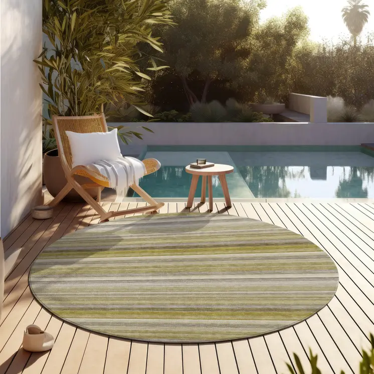 8' Round Wheat Round Striped Washable Non Skid Indoor Outdoor Area Rug