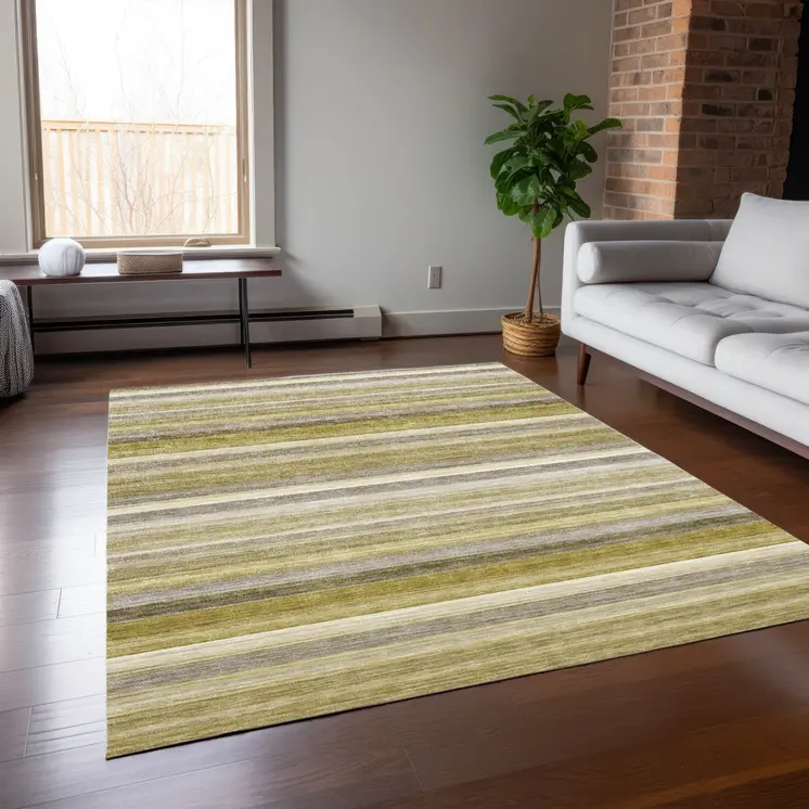 8' X 10' Yellow Beige and Gray Striped Washable Non Skid Indoor Outdoor Area Rug