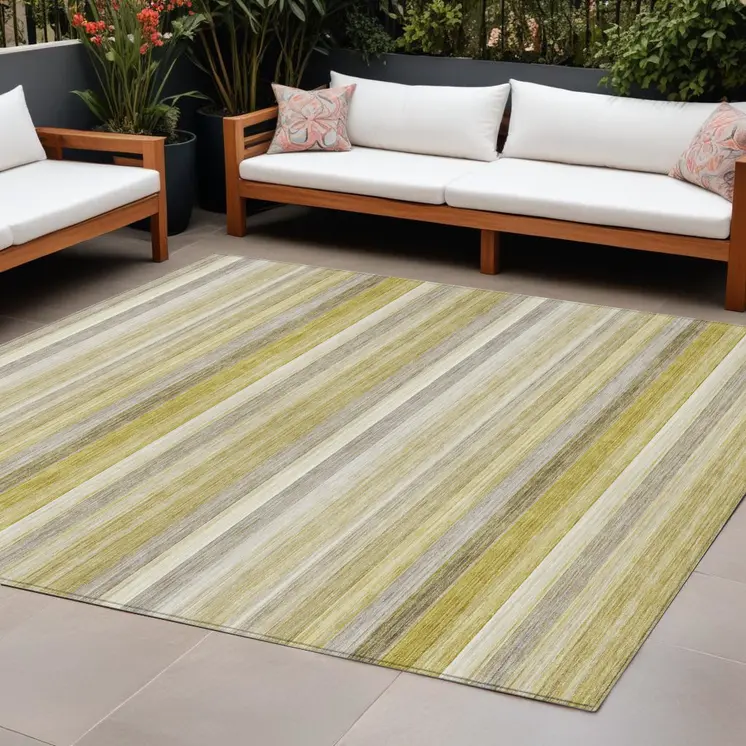 9' X 12' Yellow Beige and Gray Striped Washable Non Skid Indoor Outdoor Area Rug
