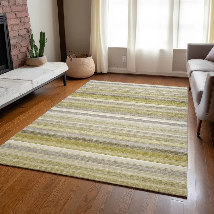 9' X 12' Yellow Beige and Gray Striped Washable Non Skid Indoor Outdoor Area Rug