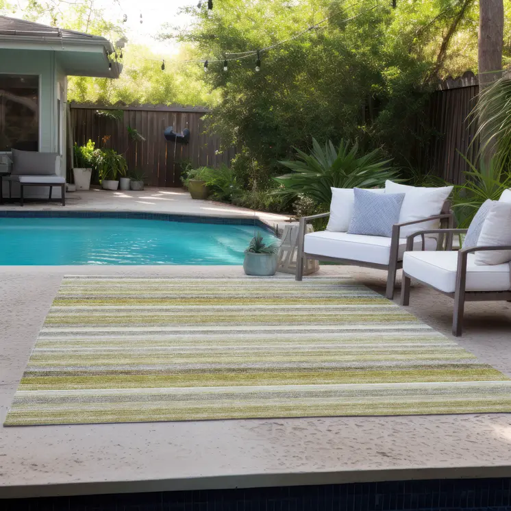 9' X 12' Yellow Beige and Gray Striped Washable Non Skid Indoor Outdoor Area Rug
