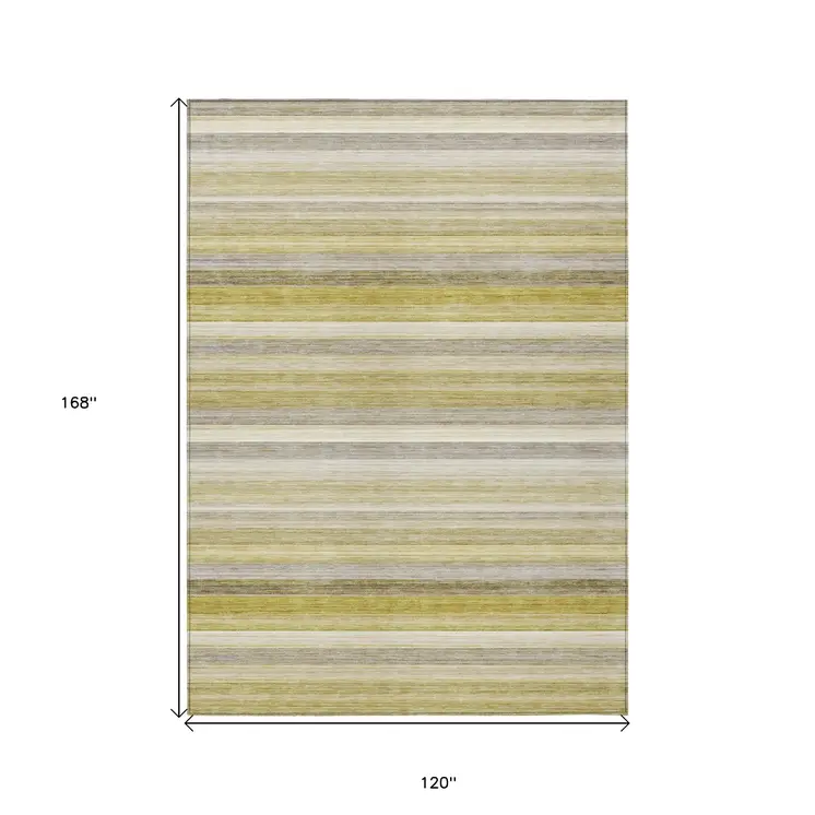 10' X 14' Yellow Beige and Gray Striped Washable Non Skid Indoor Outdoor Area Rug