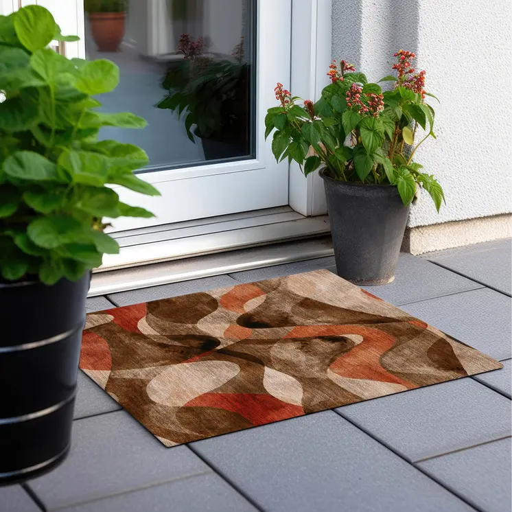 2' X 3' Chocolate Abstract Washable Non Skid Indoor Outdoor Area Rug