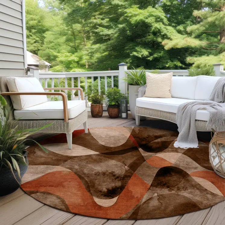 8' Round Chocolate Round Abstract Washable Non Skid Indoor Outdoor Area Rug