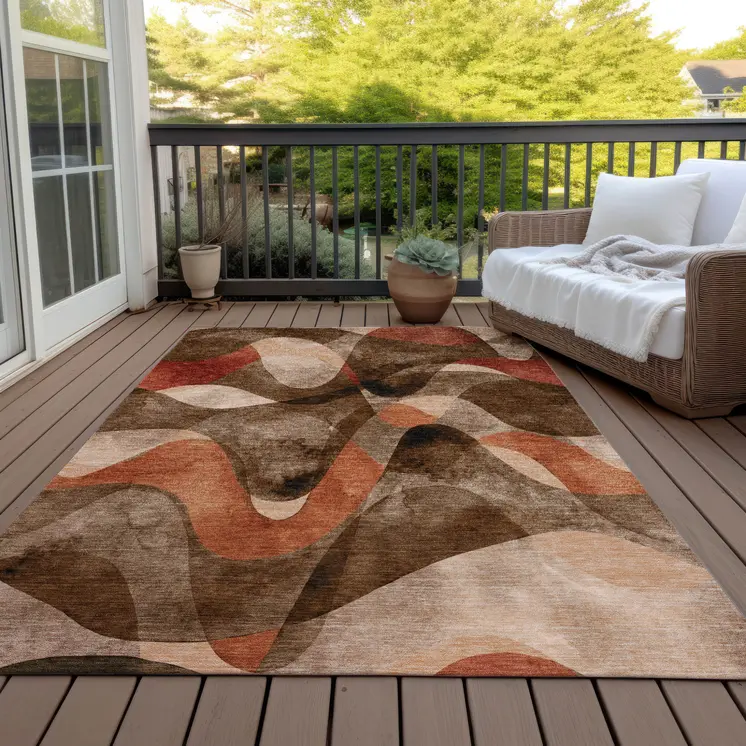 9' X 12' Chocolate Abstract Washable Non Skid Indoor Outdoor Area Rug