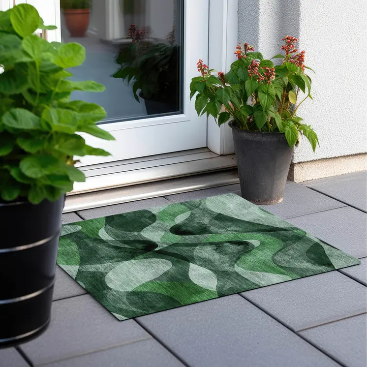 2' X 3' Fern Green Abstract Washable Non Skid Indoor Outdoor Area Rug