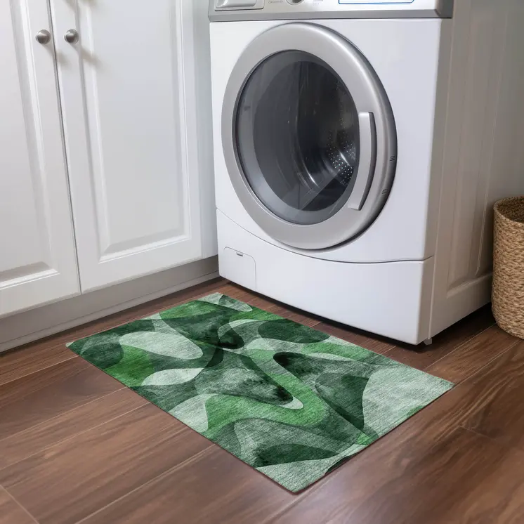 2' X 3' Fern Green Abstract Washable Non Skid Indoor Outdoor Area Rug
