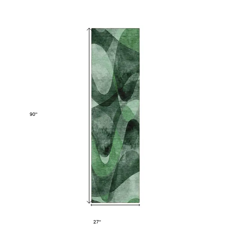 8' Runner Fern Green Abstract Washable Non Skid Indoor Outdoor Runner Rug