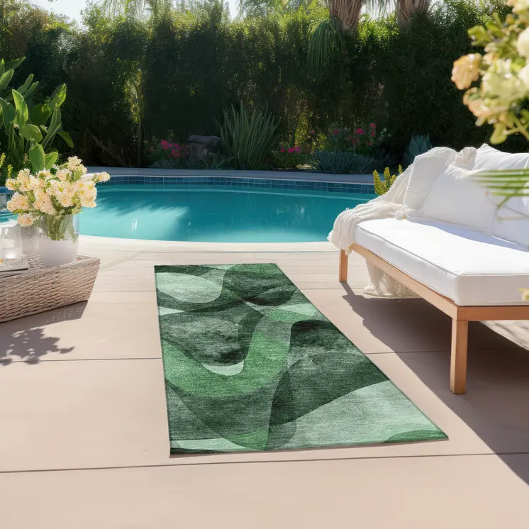 8' Runner Fern Green Abstract Washable Non Skid Indoor Outdoor Runner Rug
