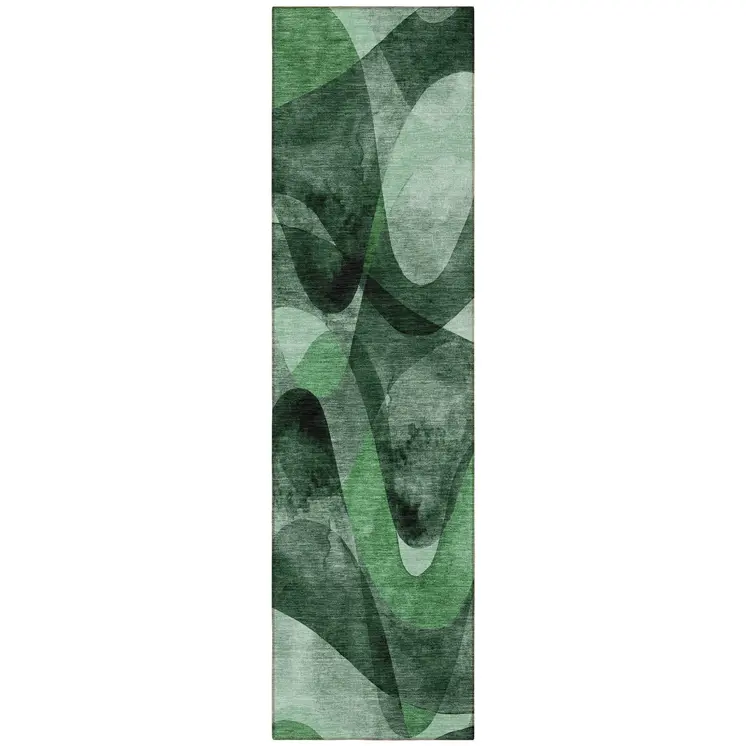 8' Runner Fern Green Abstract Washable Non Skid Indoor Outdoor Runner Rug