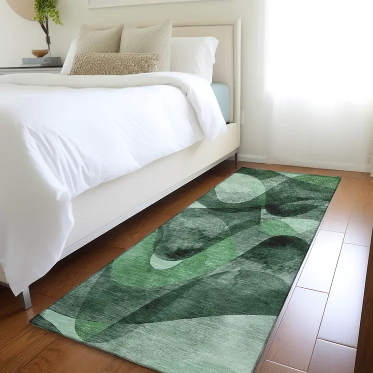 8' Runner Fern Green Abstract Washable Non Skid Indoor Outdoor Runner Rug