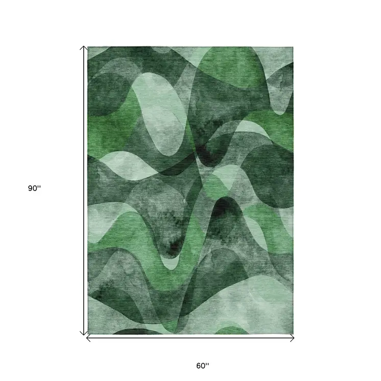 5' X 8' Fern Green Abstract Washable Non Skid Indoor Outdoor Area Rug