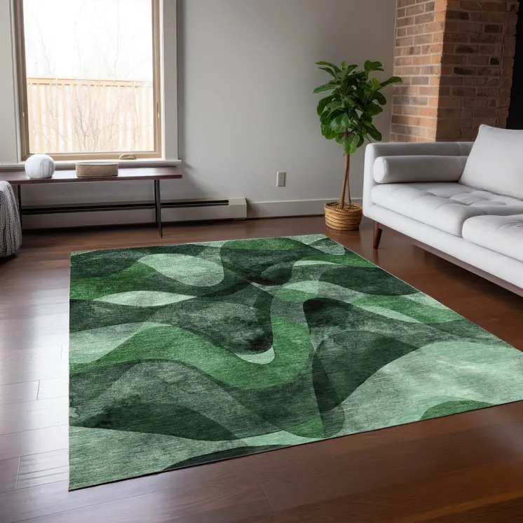 5' X 8' Fern Green Abstract Washable Non Skid Indoor Outdoor Area Rug