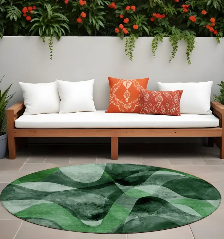 8' Round Fern Green Round Abstract Washable Non Skid Indoor Outdoor Area Rug