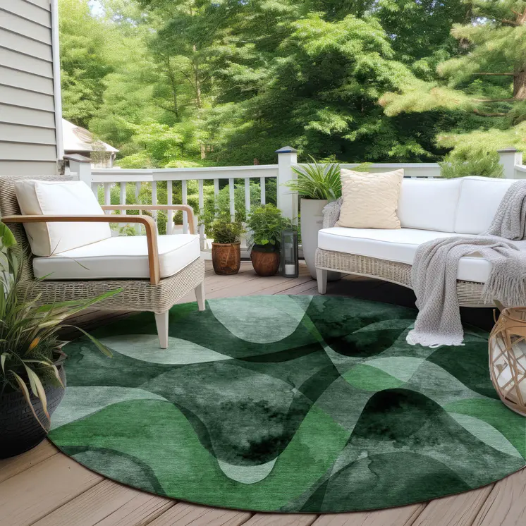 8' Round Fern Green Round Abstract Washable Non Skid Indoor Outdoor Area Rug