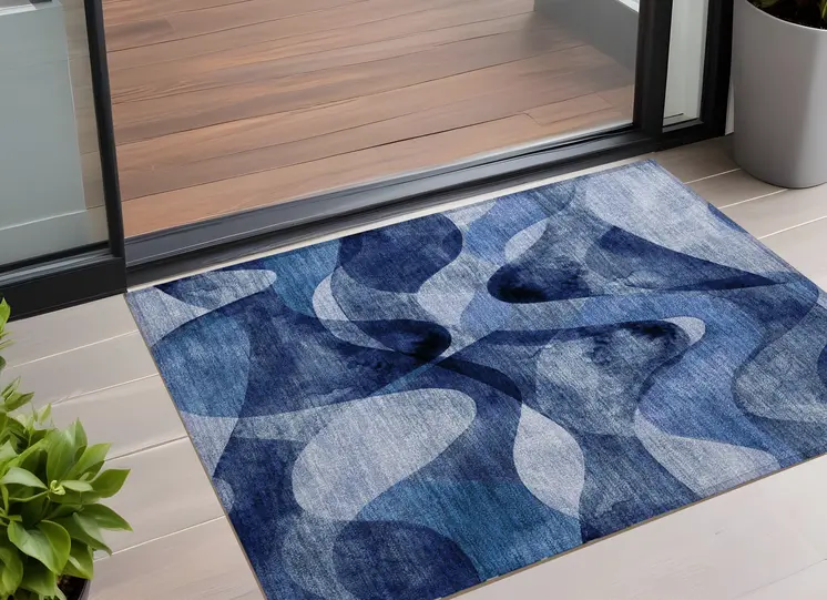 2' X 3' Navy Blue Abstract Washable Non Skid Indoor Outdoor Area Rug